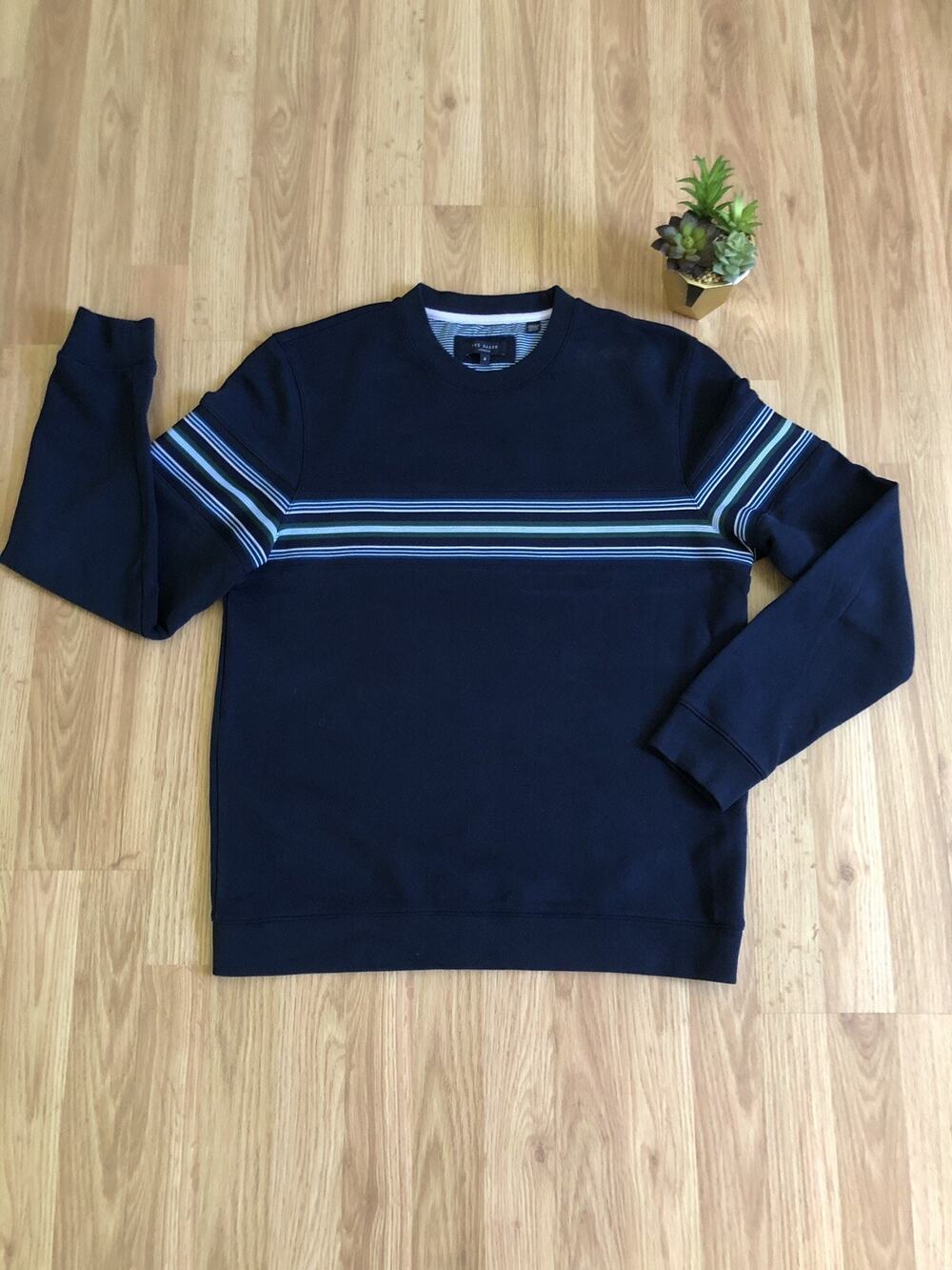 Ted Baker London Sumo Crewneck Sweatshirt Navy Blue Striped Long Sleeve Men SZ 4